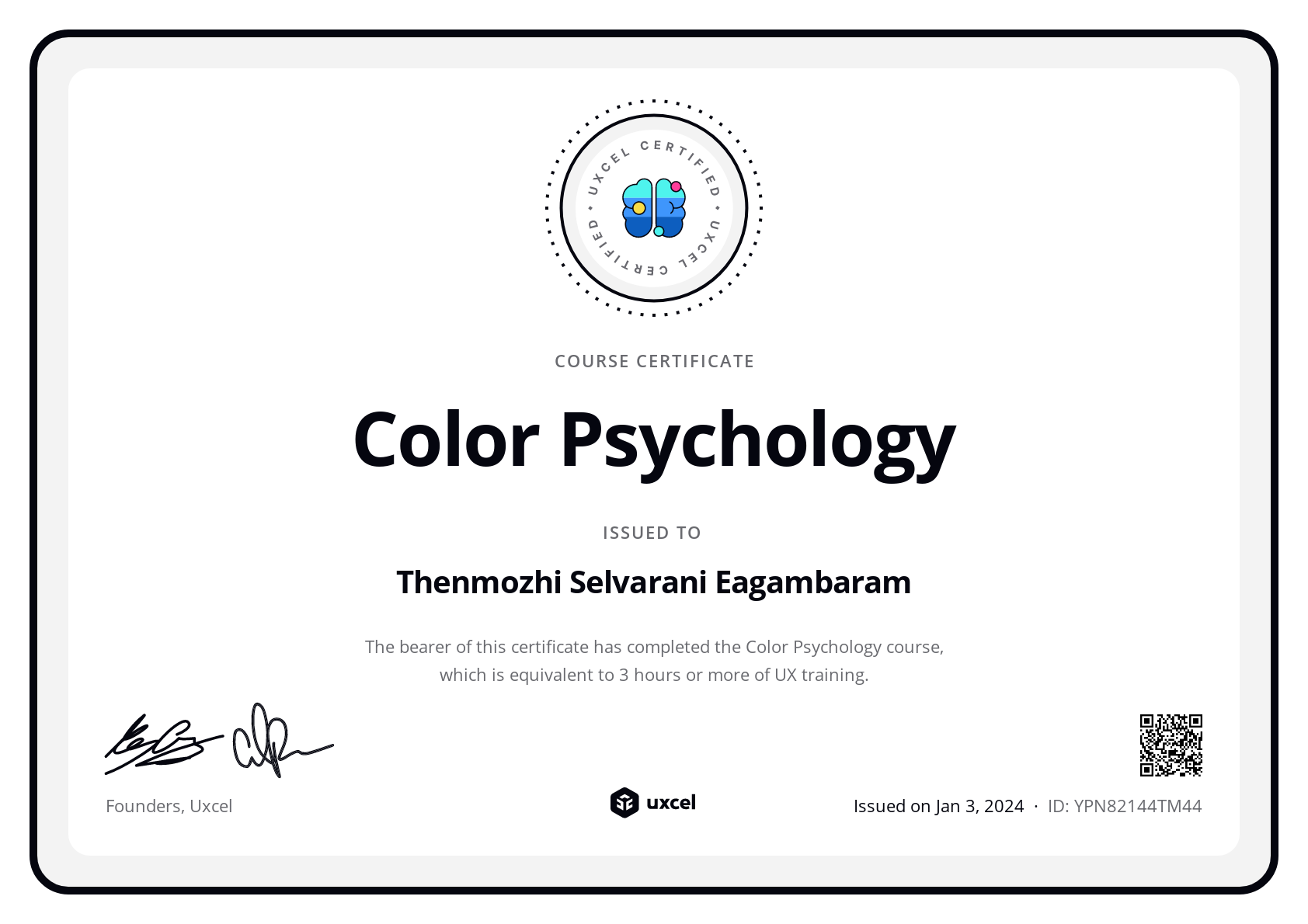 Thenmozhi Selvarani Eagambaram's certificate